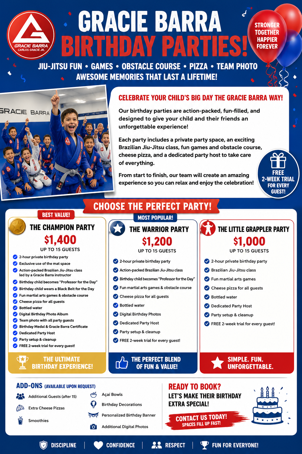 Gracie Barra birthday party packages flyer